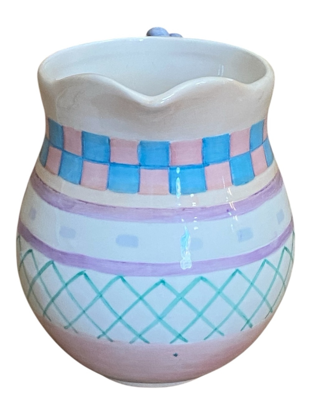 Lotus Womens Vintage Hand Painted Whimsical Pitcher 1996 Checkered Cottage Core - Picture 2 of 6